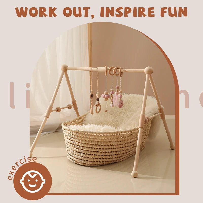 Foldable Wooden Baby Play Gym with Rattle, Mobile and Sensory Toys