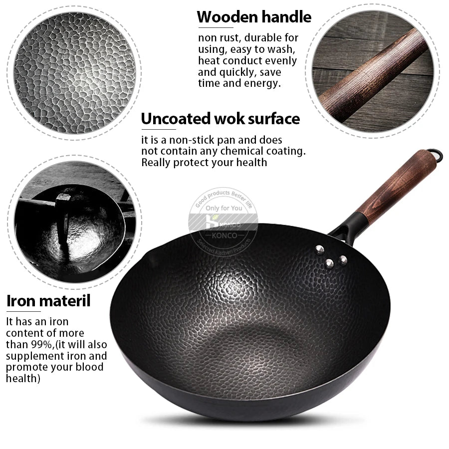 Konco Pure Iron wok cast iron pan Non-coated Pot General use for Gas and Induction Cooker 32cm Chinese Wok Cookware Pan - Buy online at  Vibe In Cart.