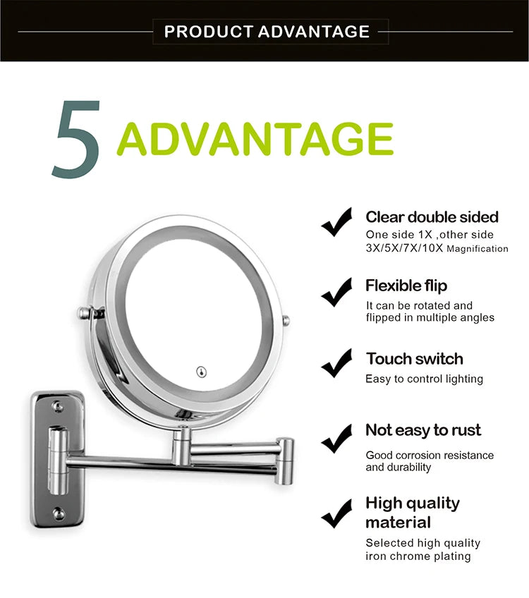 Folding Arm Extend Bathroom Mirror With LED Light 7 Inch Wall Mounted Double Side Smart Cosmetic Makeup Mirrors - Buy online at  Vibe In Cart.