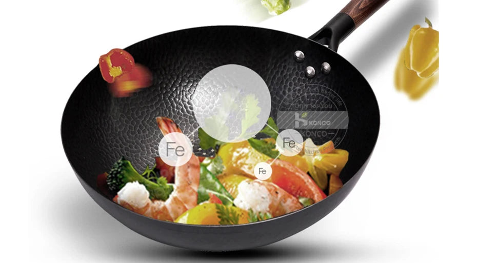 Konco Pure Iron wok cast iron pan Non-coated Pot General use for Gas and Induction Cooker 32cm Chinese Wok Cookware Pan - Buy online at  Vibe In Cart.
