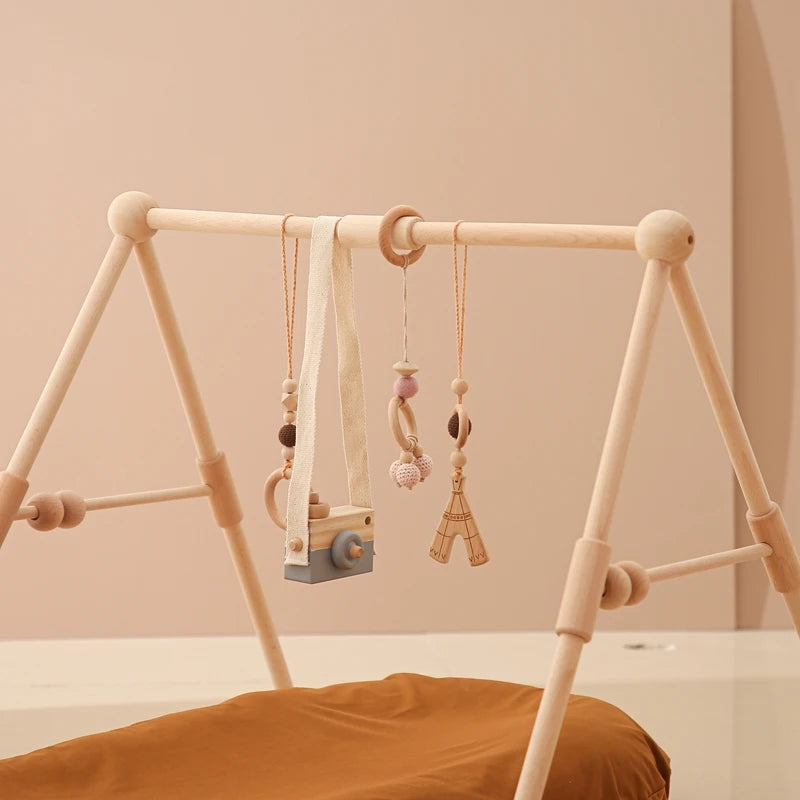 Foldable Wooden Baby Play Gym with Rattle, Mobile and Sensory Toys