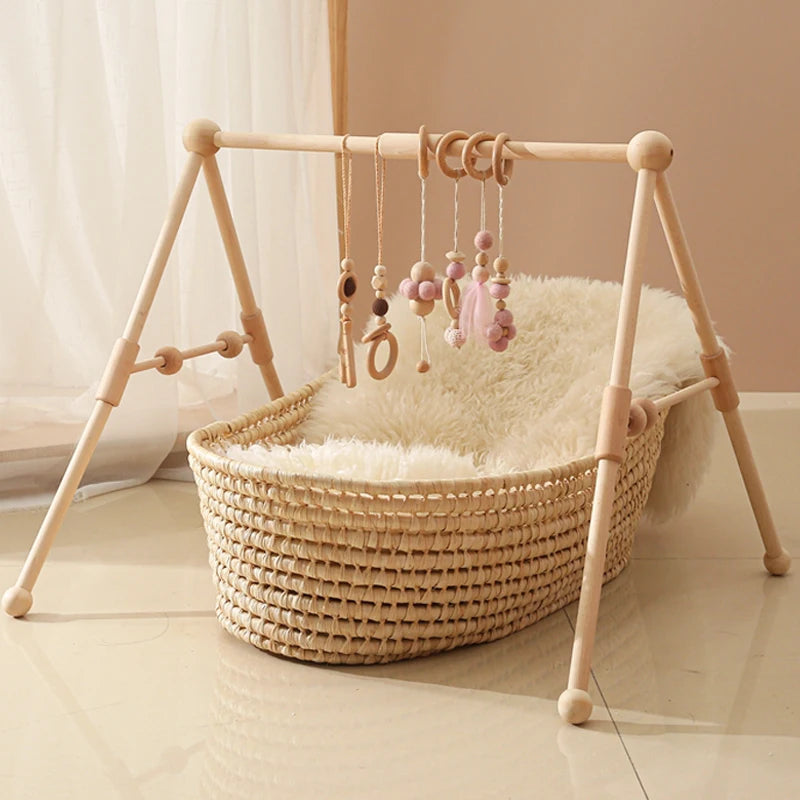 Foldable Wooden Baby Play Gym with Rattle, Mobile and Sensory Toys