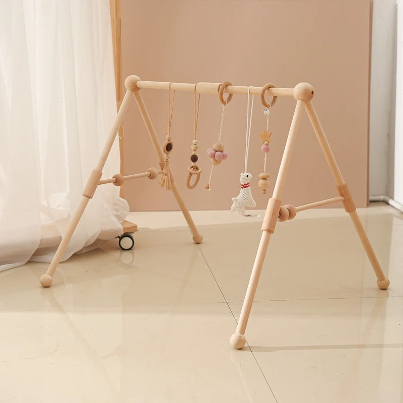 Foldable Wooden Baby Play Gym with Rattle, Mobile and Sensory Toys