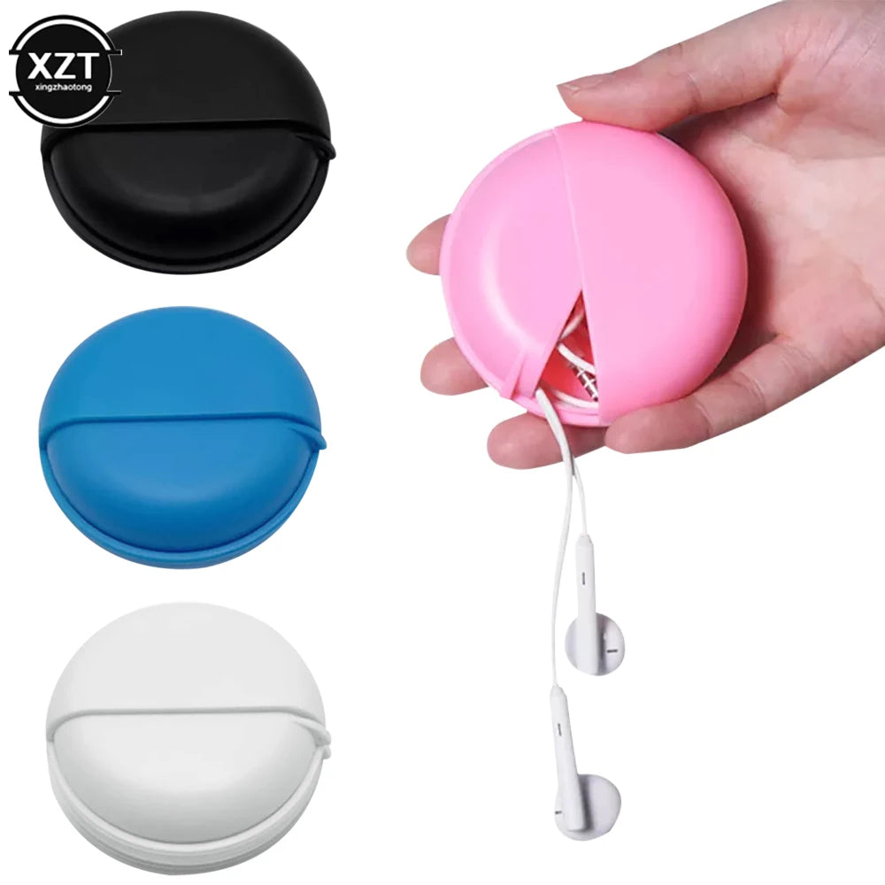 Round Plastic Storage Box with Rotating Cover for Cables and Earphones