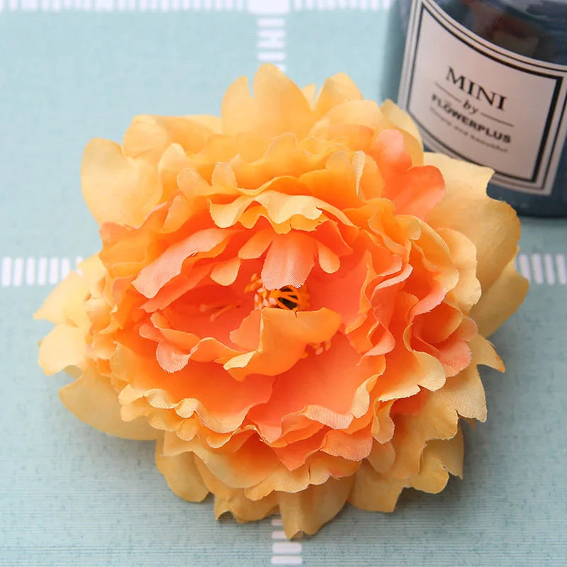 Artificial Silk Peony Flower Heads, 15 Pieces, 13cm Diameter, Red Pink Green