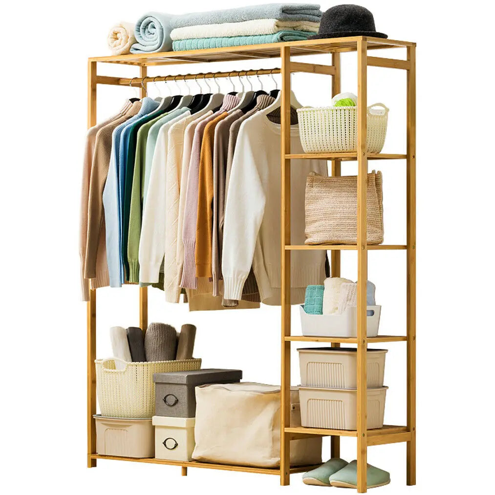 Bamboo Wood Clothing Garment Rack with Shelves Clothes Hanging Rack Stand for Child Kids Adults Cloth Shoe Coat Storage Organize - Buy online at  Vibe In Cart.