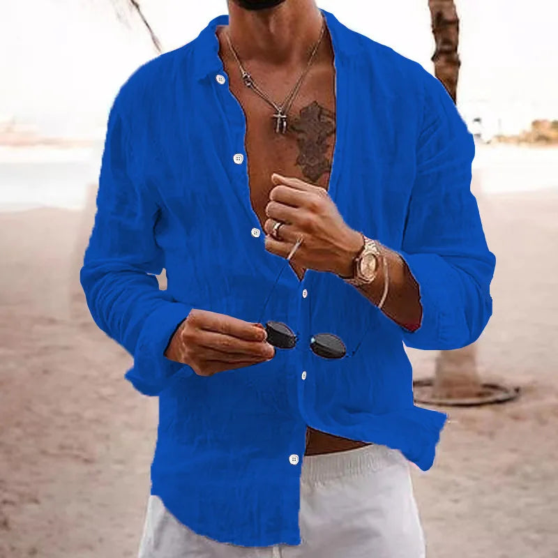 Men's Long Sleeve Cotton Polyester Solid Color Casual Shirt