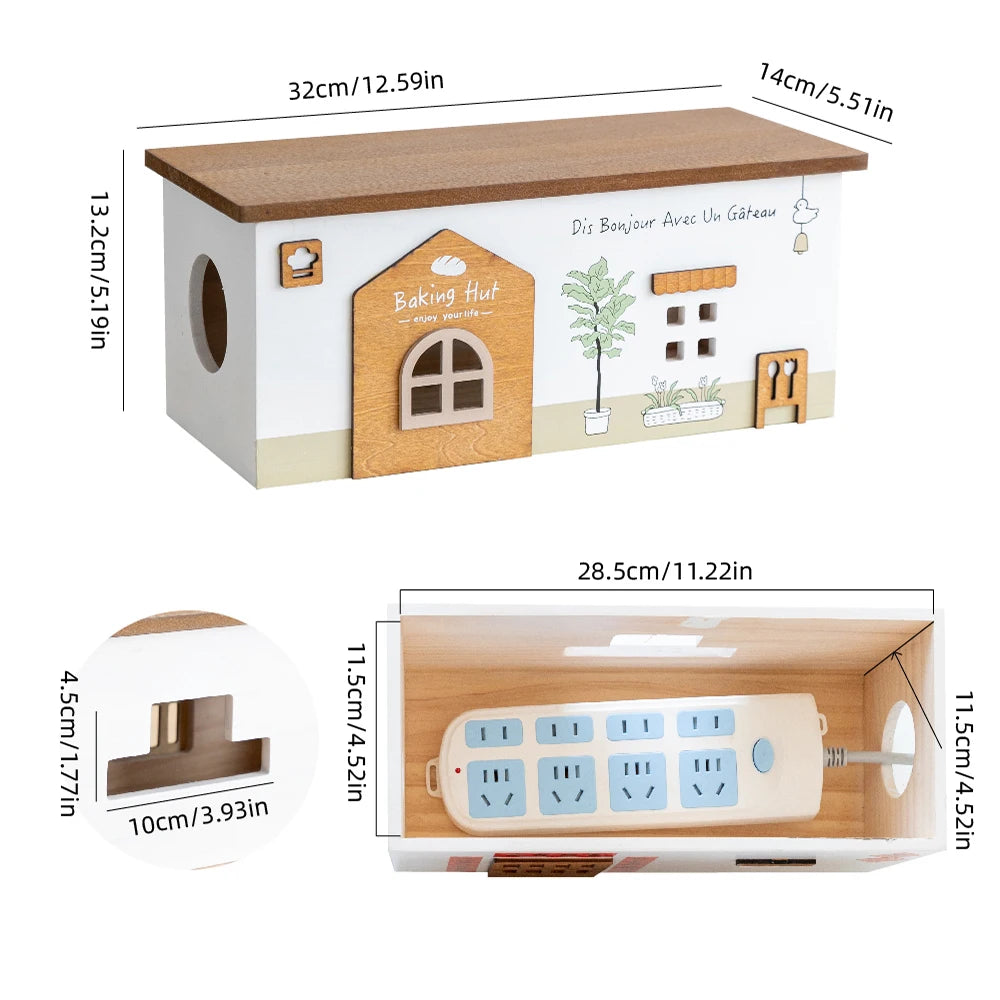 Wooden Rectangle Storage Box for Desktop Cord Organization