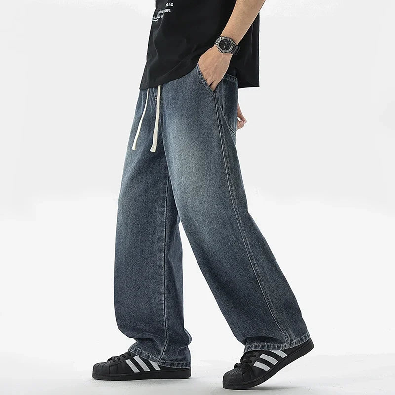 Men's Loose Wide-Leg Straight Casual Baggy Jeans in Black, Grey, and Blue