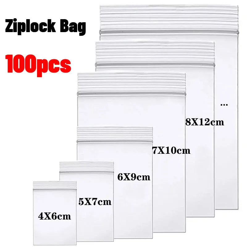 100 Piece Clear Plastic Zipper Storage Bags for Jewelry and Food