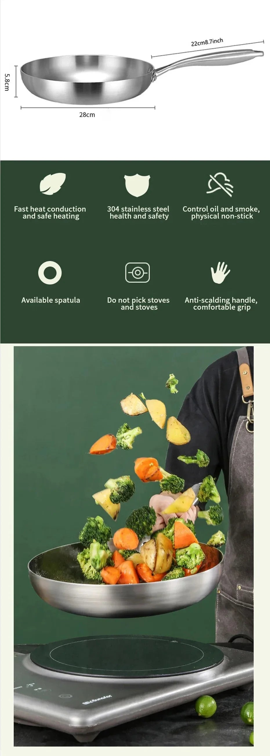 304 Stainless Steel Frying Pan NonStick Pan Fried Steak Pot Uncoated Kitchen Cookware For Gas Stove and Induction Cooker - Buy online at  Vibe In Cart.