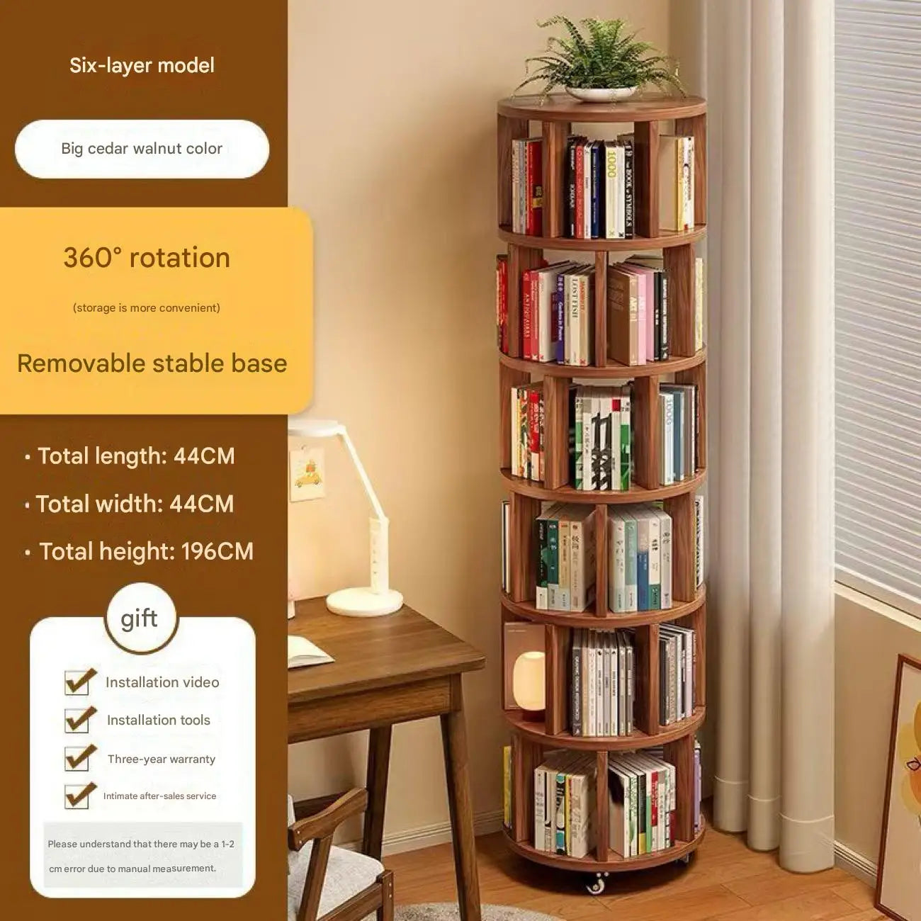 360 Degree Rotatable 5-Tier Round Wooden Bookshelf
