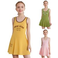 Sporty Style Girl Dress Children's Sleeveless Letter Print Sports Golf Tennis Workout Athletic Dress with Removable Chest Pads