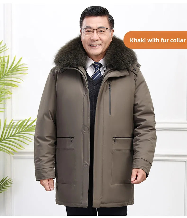 Men's White Goose Down Long Winter Jacket with Detachable Liner