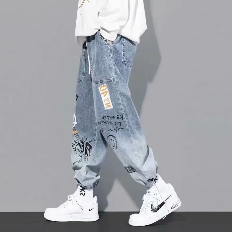 Korean Clothing  Men Letter Printed Jeans High Waisted Baggy Jeans Cartoon Graffiti Hip-Hop Pants Blue Jeans - Buy online at  Vibe In Cart.