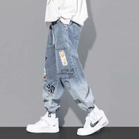 Korean Clothing  Men Letter Printed Jeans High Waisted Baggy Jeans Cartoon Graffiti Hip-Hop Pants Blue Jeans - Buy online at  Vibe In Cart.