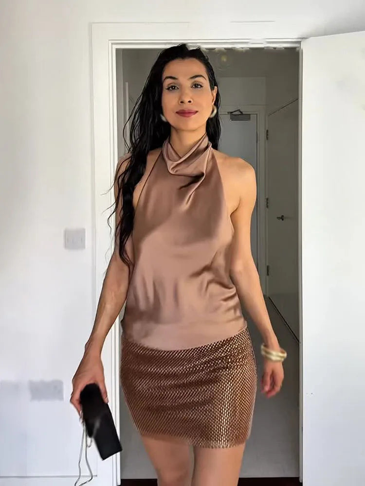 Women's Short Sleeveless Backless Tops with Buttons, Polyester