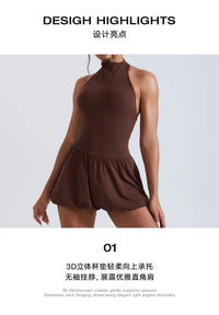 Women Tennis Dresses Quick Drying High Neck Backless Golf Skirt  Built in Shorts with Pockets Gym Running Yoga Dress