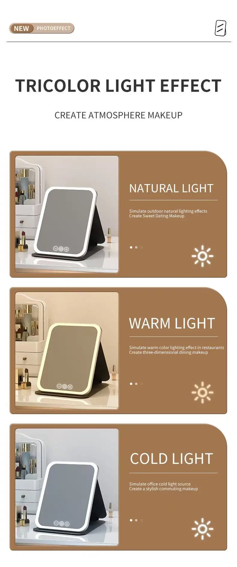 LED Makeup Mirror 3 Colors Light Portable Vanity with Adjustable Brightness USB Charging Foldable for Travel And Home Use - Buy online at  Vibe In Cart.