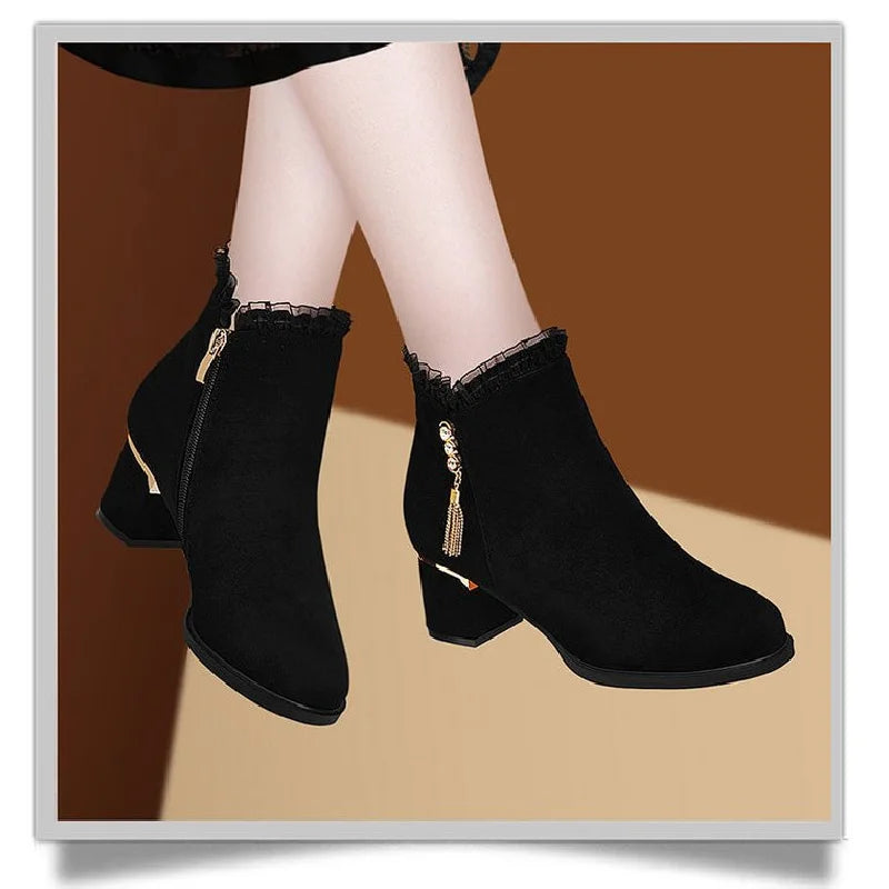 2025 New British Style Winter Boots Women - Round Toe Tassel Furry Lined Mid Heel Ankle Boots Diamond Decor Zip Side - Buy online at  Vibe In Cart.
