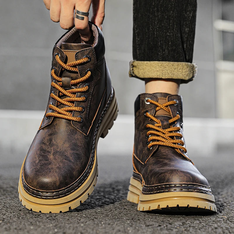 Leather Ankle Boots Stylish Walking Shoes Outdoor Men Casual Footwear Winter Plush Snow Boots New Trendl Mens High Top Shoes - Buy online at  Vibe In Cart.