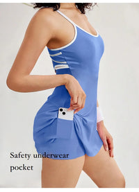 Women Tennis Dress with Inner Short Golf Badminton Skorts Backless Cross Tracksuits Ladies Sleeveless Golf Yoga Dresses S-XL