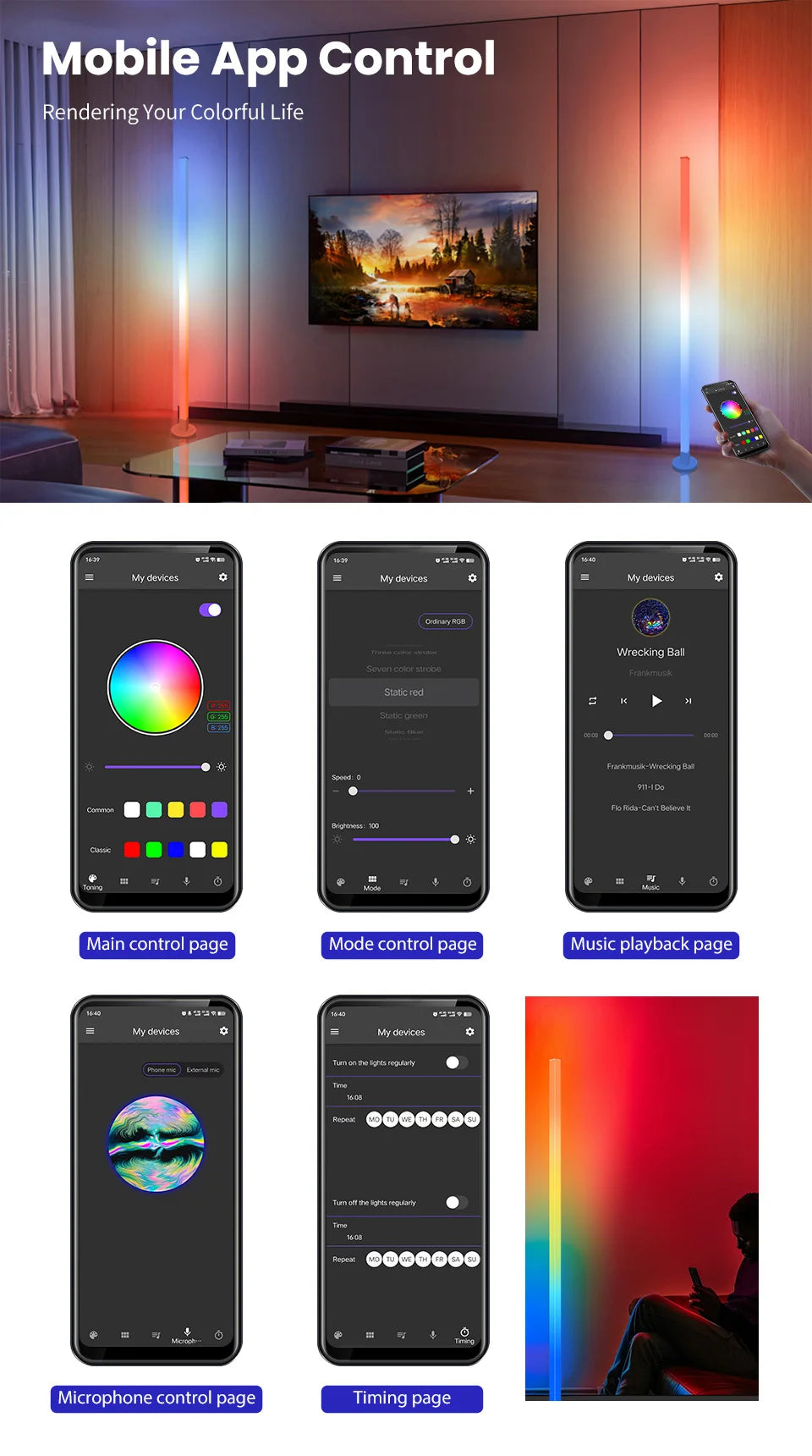RGB LED Floor Lamp Remote & APP Control Music Sync Corner Lighting Modern Mood Lighting for Bedroom Living Room Gaming decor - Buy online at  Vibe In Cart.