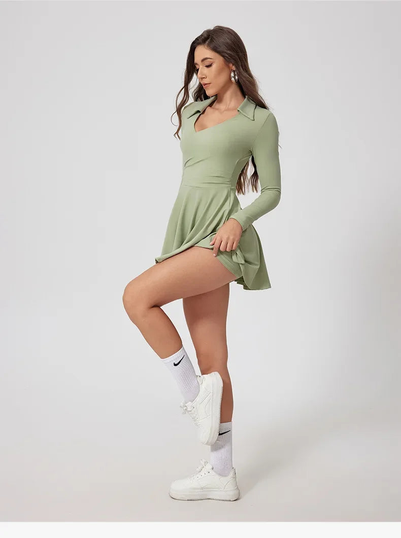 Tennis Dress One-Piece Jumpsuits Sports Fitness Golf Badminton Long-Sleeved Skorts Slim Tracksuits with Chest Pads Yoga Suits