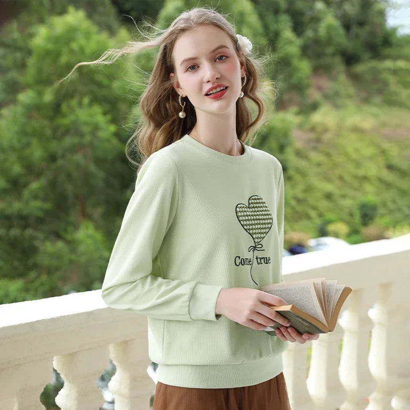 Women's Green Waffle Knitted Loose O-Neck Pullover Hoodie with Embroidery