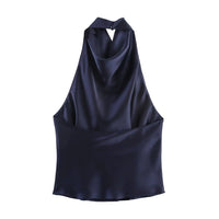 Women's Short Sleeveless Backless Tops with Buttons, Polyester