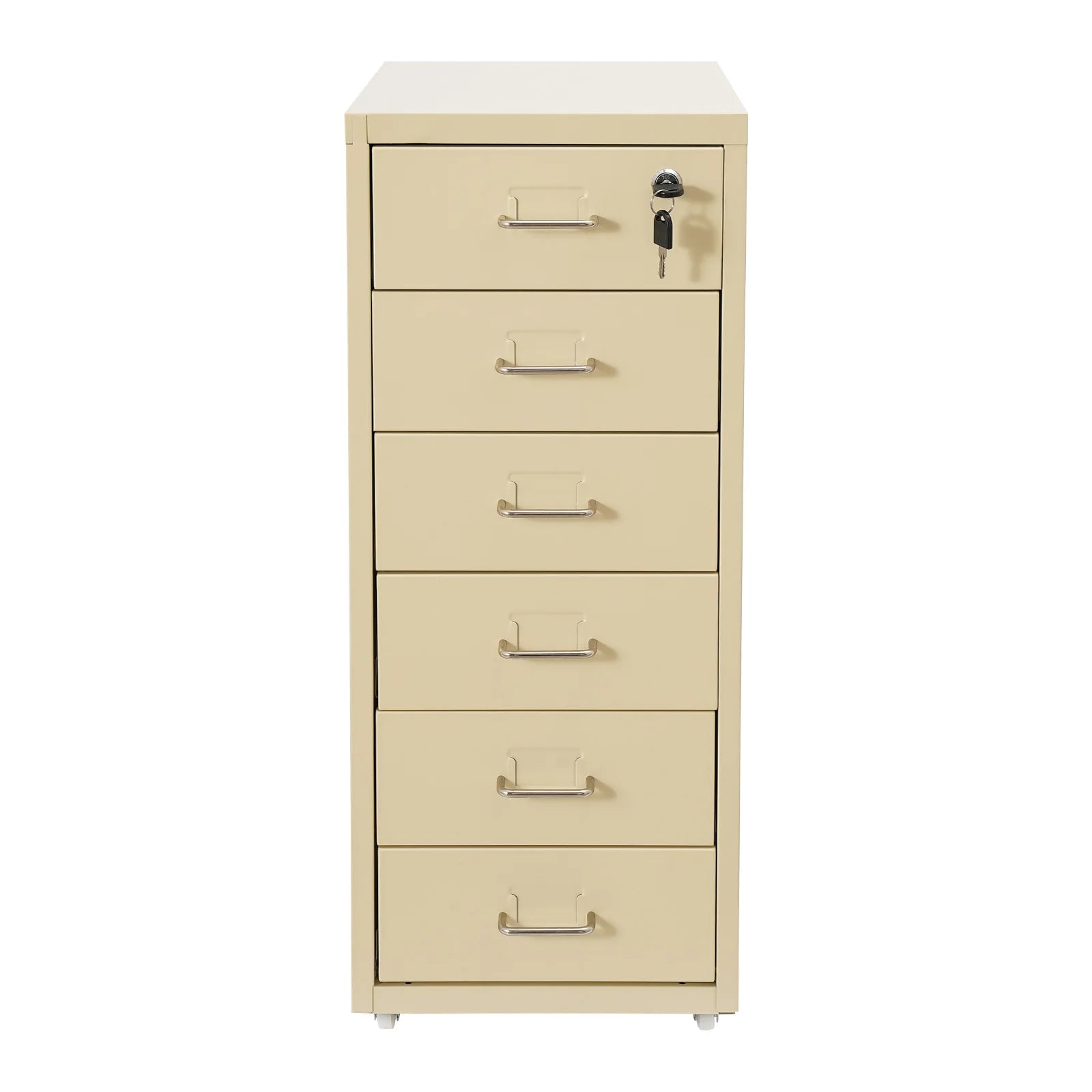 Lockable 6-Drawer Metal File Cabinet with Wheels and Color Options in Off-White, Green, or Yellow