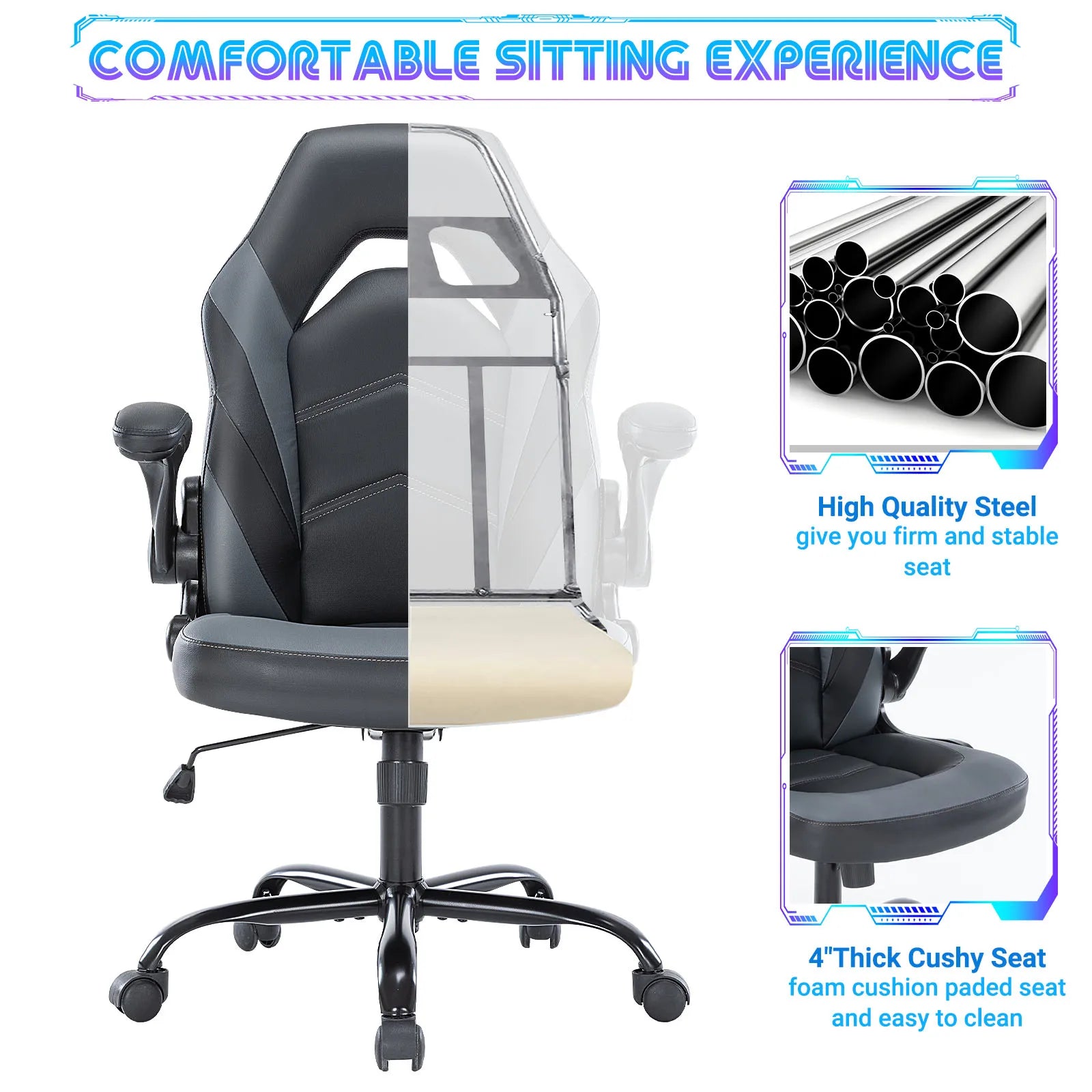 JHK Ergonomic Office Computer Home Gaming Desk Chair Adjustable PU Leather Racing Chair Flip-up Armrest For Christmas Furniture - Buy online at  Vibe In Cart.