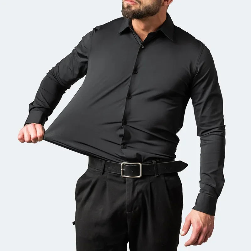 Men's Black 6XL Long-Sleeved Business Casual Polyester Shirt