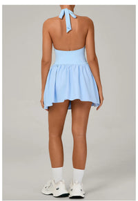 Hanging Neck Tennis Dress Women Solid Color Sleeveless Sports One Piece Pocket Suits Outdoor Running Fitness Yoga Golf Dresses