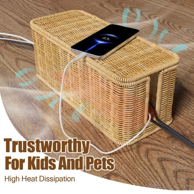 Rattan Cable Management Box with 2 Open Slots for Under Desk