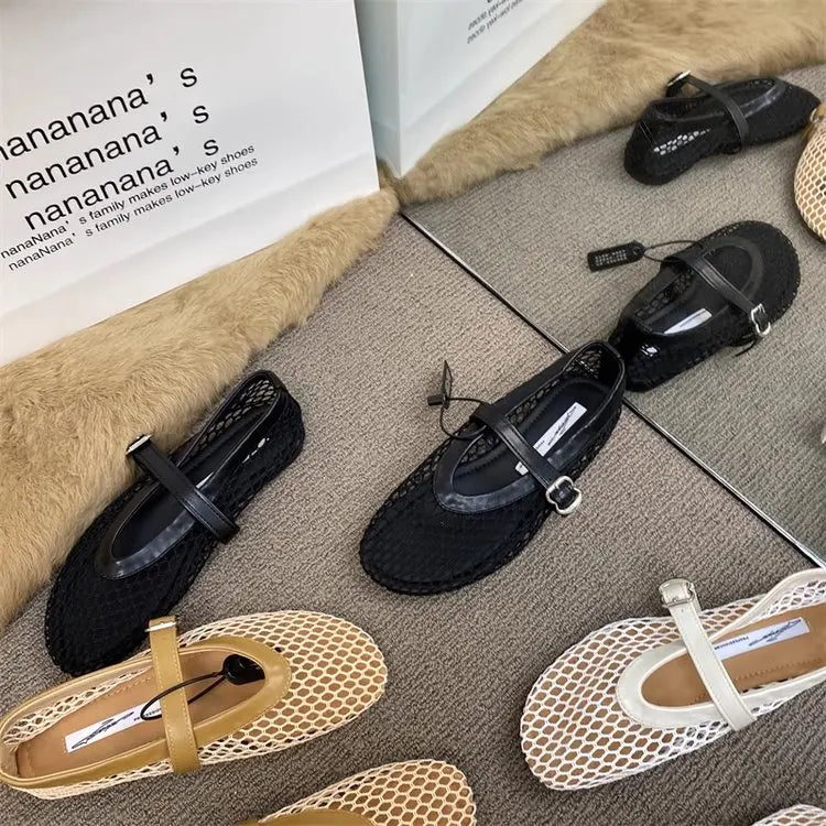 2025 New Hollow Mesh Women's Flat Ballet Shoes - Casual Fashion Versatile Breathable Fishnet Sandals - Buy online at  Vibe In Cart.