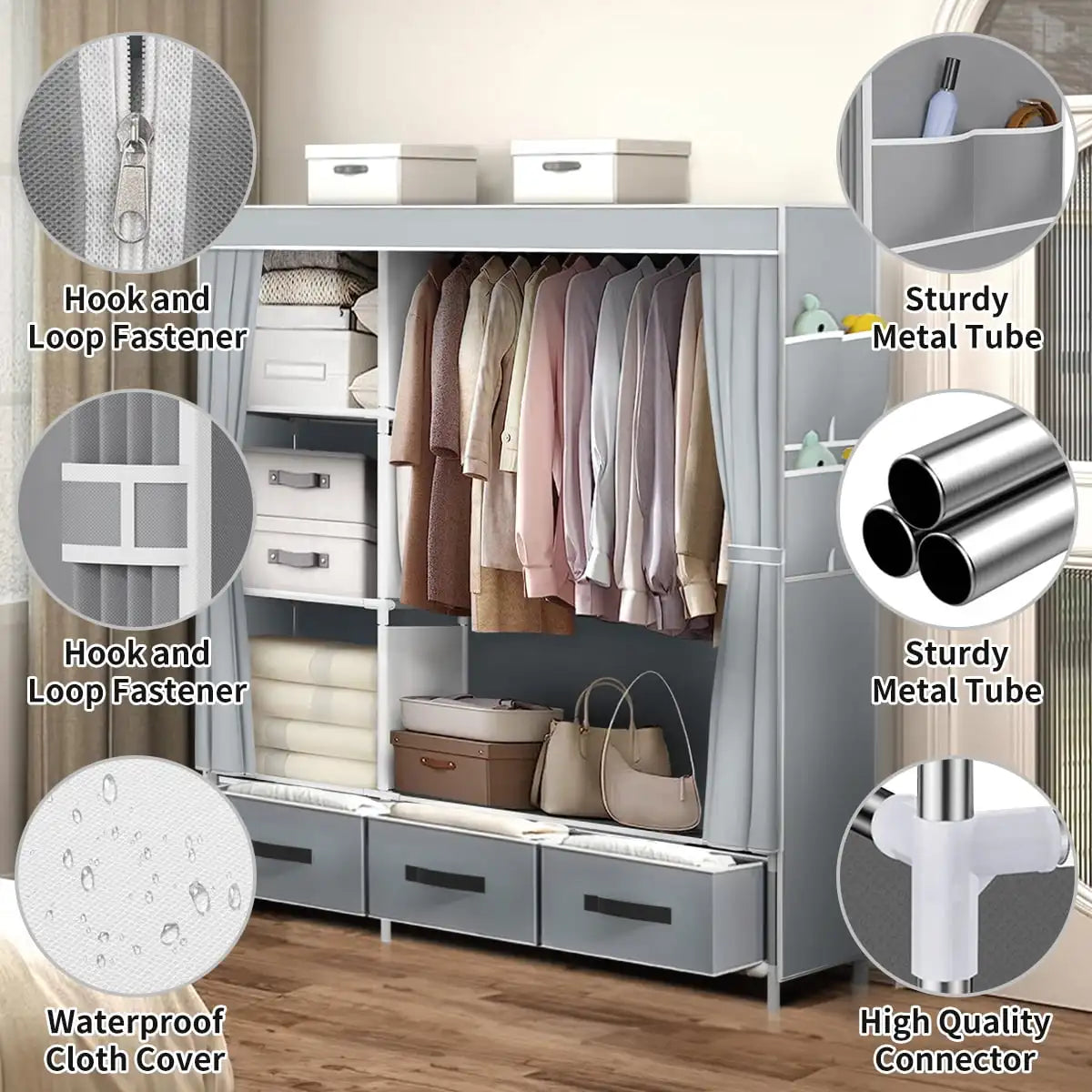 New Upgrade Portable Wardrobe Clothes Organizer for Home Bedroom Clothes Closet with 3 Drawers 4 Shelves Clothes Storage Gray - Buy online at  Vibe In Cart.