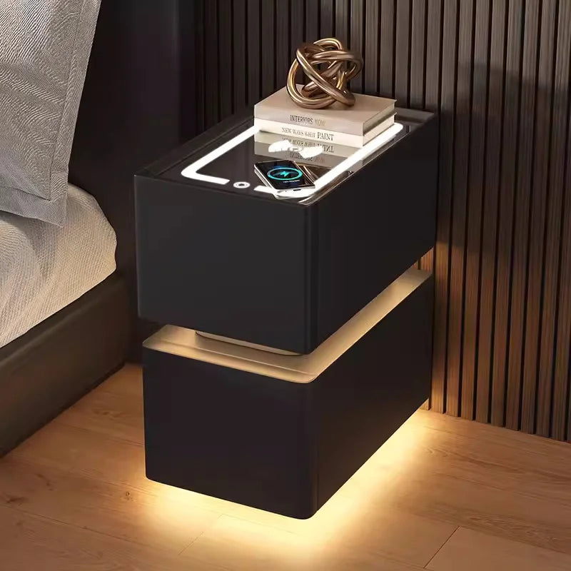 Wooden Bedside Table with Wireless Charging, Sensor Light, and 1 Drawer