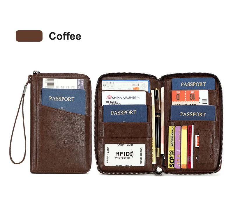Multifunctional Travel Passport Wallet with RFID Protection in Microfiber Leather