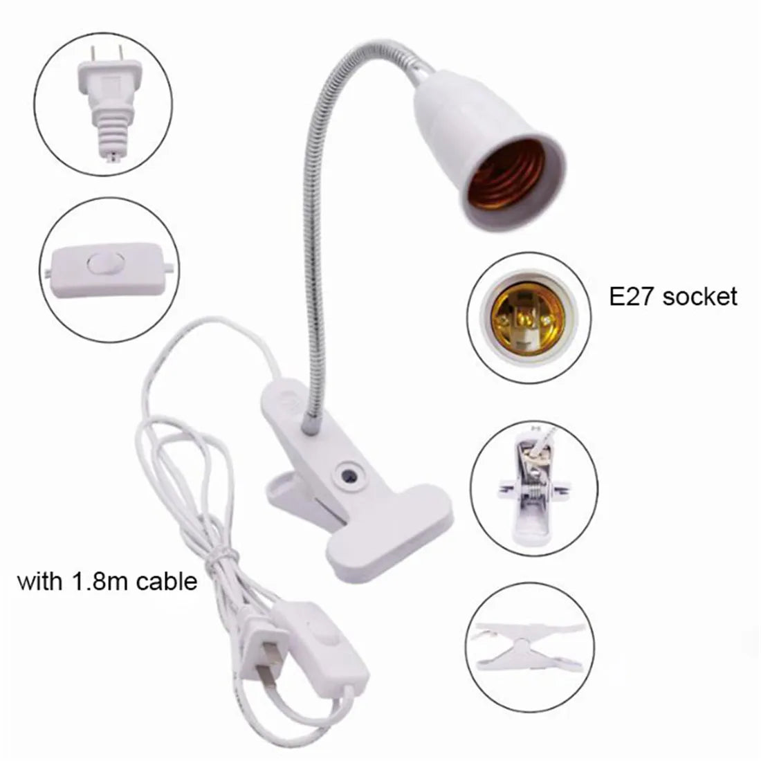 EU US Plug 360 Degrees Flexible Desk Lamp Holder E27 Base Light Socket Gooseneck Clip-On Cable With On Off Switch for Home Plant - Buy online at  Vibe In Cart.