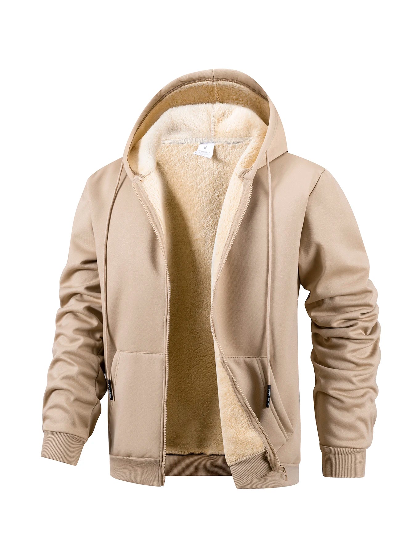 Men's Hooded Zipper Fleece Jacket Long Sleeve Black Polyester