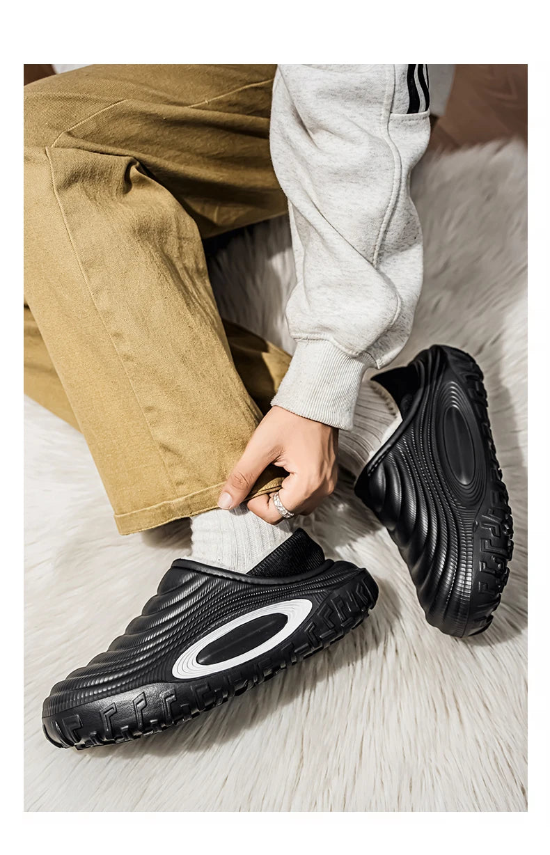 Men's Plush Lined Outdoor Platform Slippers with Low Heel