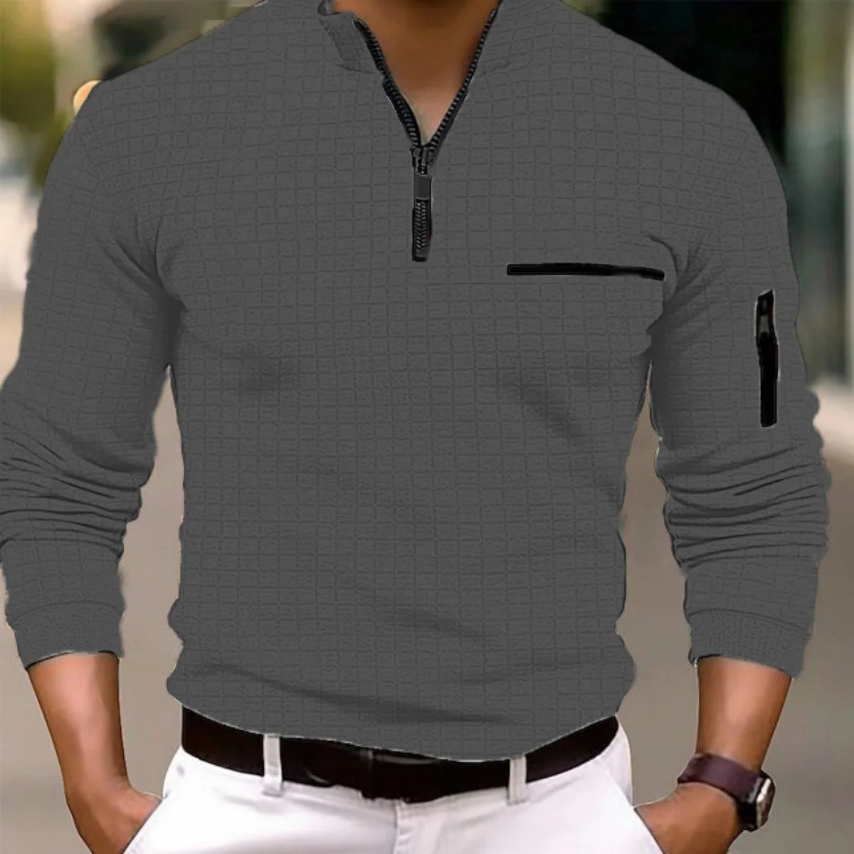 Spring autumn men's golf POLO shirt stand collar checkerboard arm zipper pocket fashion sports long-sleeved polo shirt top - Buy online at  Vibe In Cart.