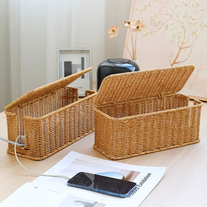 Rattan Cable Management Box with 2 Open Slots for Under Desk