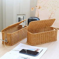 Rattan Cable Management Box with 2 Open Slots for Under Desk