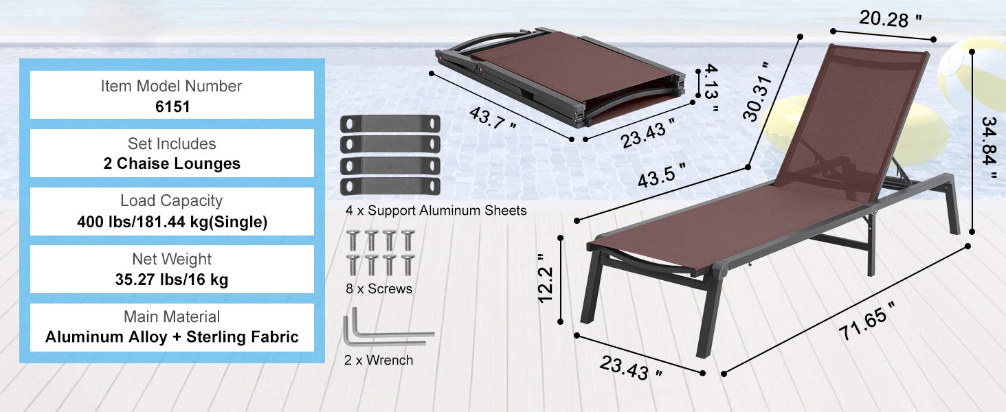 SucceBuy Chaise Lounge Chair Outdoor Aluminum Patio LoungeFolding Pool Lounge Recliner Full Flat for Patio Beach Pool Dark Grey - Buy online at  Vibe In Cart.