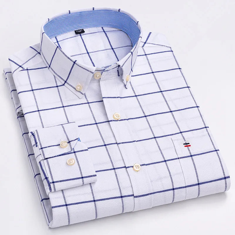 Men's Long Sleeve 100% Cotton Oxford Plaid Shirt