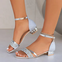 Women's Square Heel Open Toe Sandals in Gold and Silver