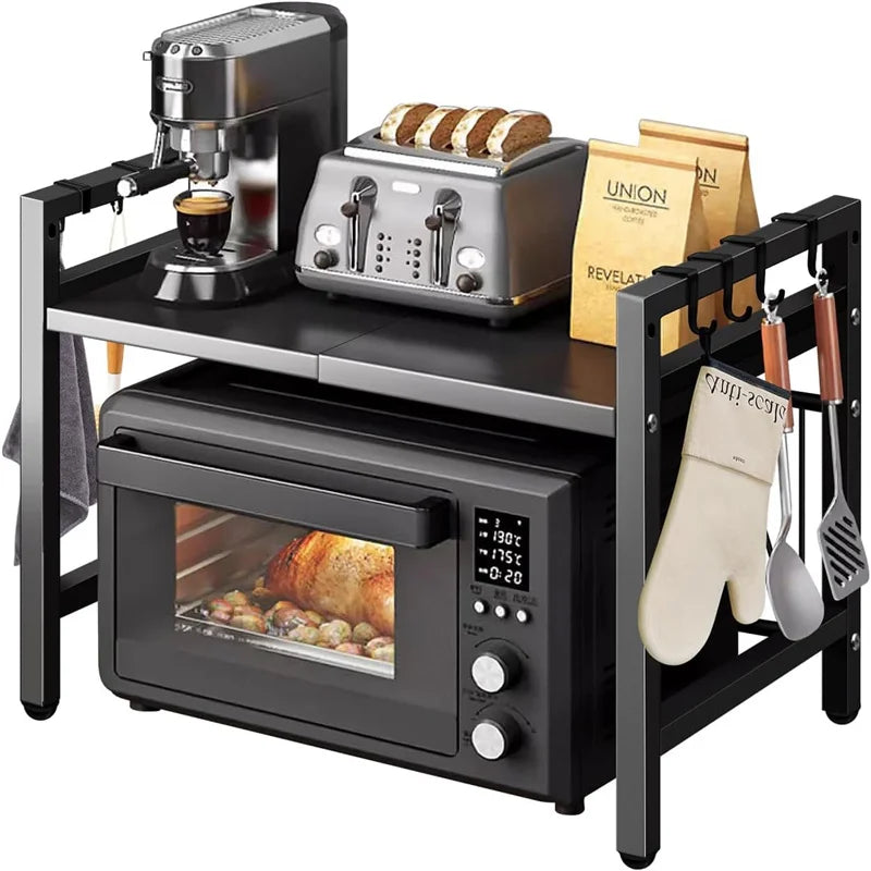 Adjustable Space-Saving Microwave Rack – 100kg Capacity, Kitchen Shelf with Hooks & Storage Organizer (Black) - Buy online at  Vibe In Cart.