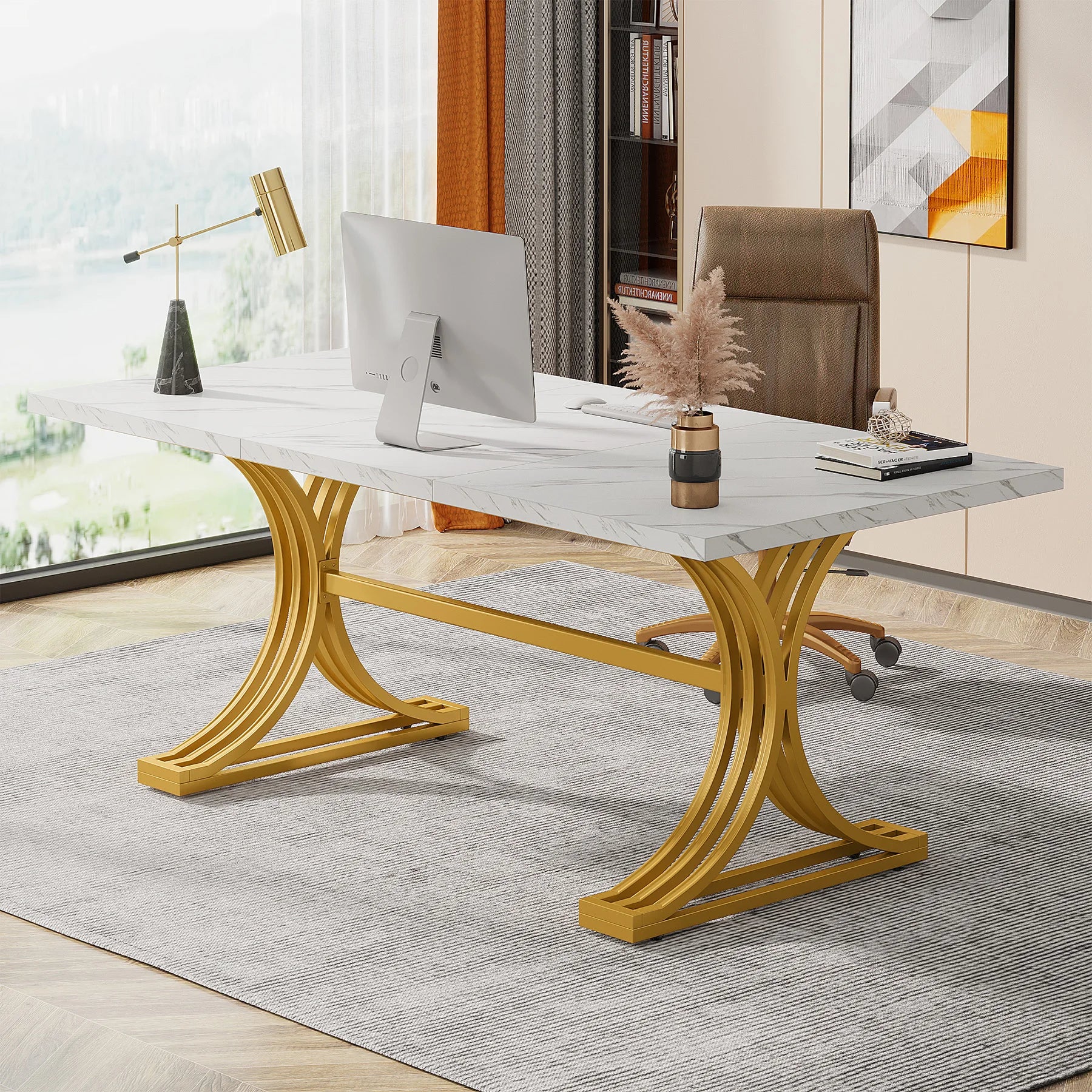 Tribesigns Modern Office Desk, 70.9" Wooden Computer Desk,Executive Desk with Gold Metal Legs, Large Workstation Home Office - Buy online at  Vibe In Cart.